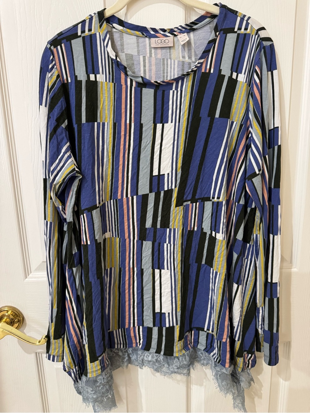 LOGO by Lori Goldstein Blue Multi-Stripe Lace-Hem Long Sleeve Top